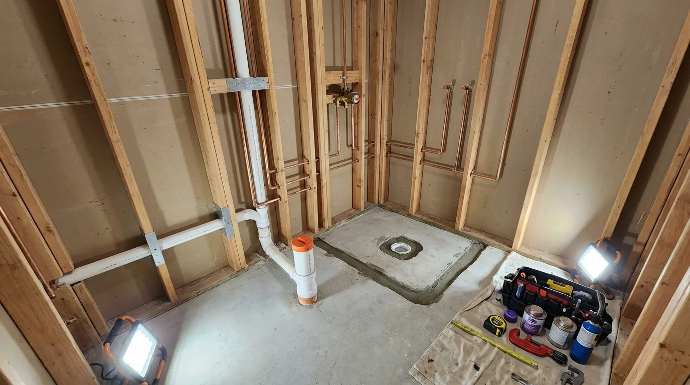 Bathroom rough-in plumbing during remodel by Johns Plumbing LLC in Leitchfield