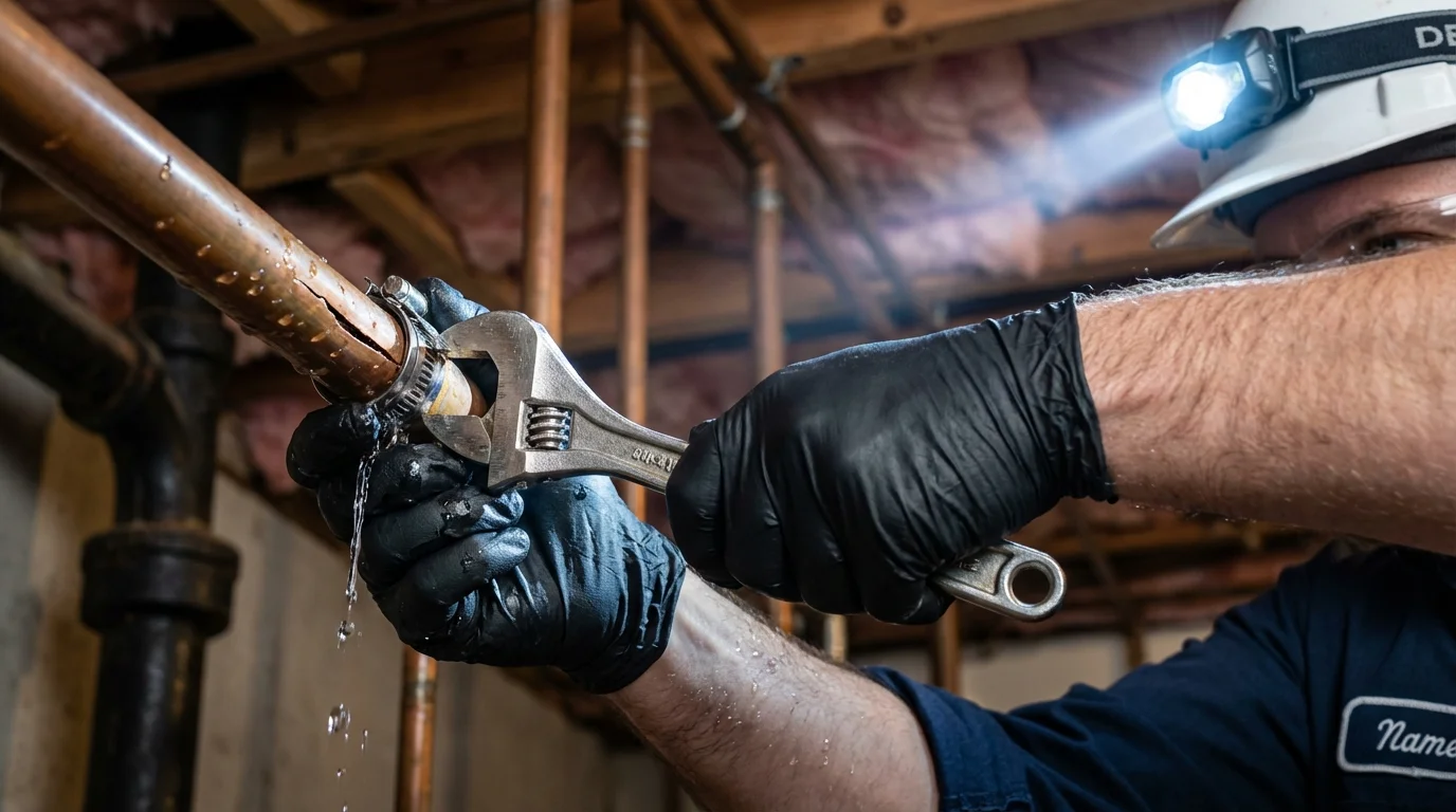Emergency pipe clamp repair being performed by a Johns Plumbing LLC plumber in Leitchfield