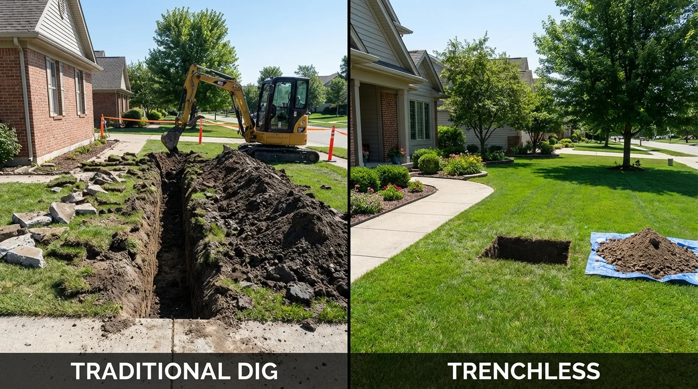 Trenchless sewer repair with minimal yard damage versus traditional excavation in Leitchfield, KY