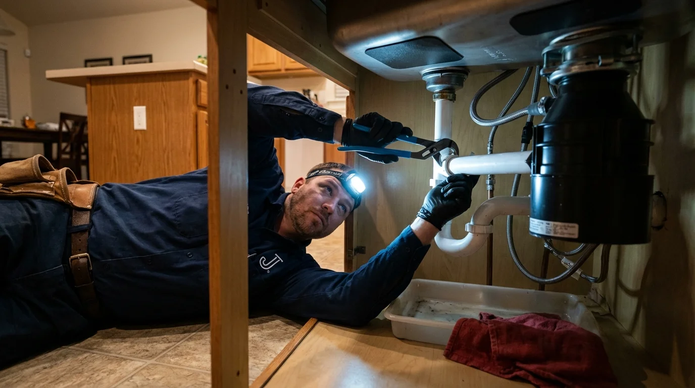 P-trap and supply line connections under a kitchen sink showing a common leak point in Leitchfield, KY